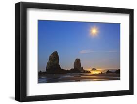 Moon Set over Neadles, Canon Beach, Oregon Coast, Pacific Northwest-Craig Tuttle-Framed Photographic Print