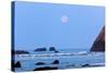Moon Set over Rock Formations at Low Tide, Bandon Beach, Oregon, USA-Craig Tuttle-Stretched Canvas