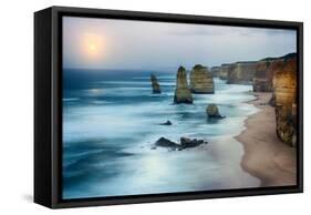 Moon Setting in Twelve Apostles Sea Rocks in Hdr Effect-Nokuro-Framed Stretched Canvas