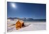 Moonlight on a Typical Fishermen Cabin Surrounded by Snow, Ramberg, Flakstad-Roberto Moiola-Framed Premium Photographic Print