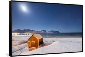 Moonlight on a Typical Fishermen Cabin Surrounded by Snow, Ramberg, Flakstad-Roberto Moiola-Framed Stretched Canvas