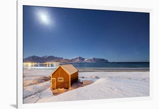 Moonlight on a Typical Fishermen Cabin Surrounded by Snow, Ramberg, Flakstad-Roberto Moiola-Framed Photographic Print