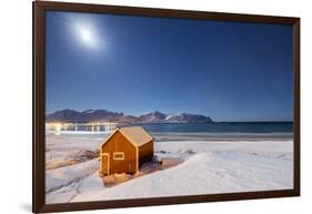 Moonlight on a Typical Fishermen Cabin Surrounded by Snow, Ramberg, Flakstad-Roberto Moiola-Framed Photographic Print