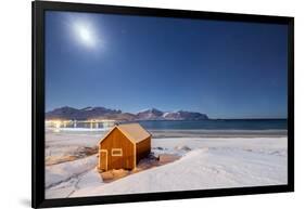 Moonlight on a Typical Fishermen Cabin Surrounded by Snow, Ramberg, Flakstad-Roberto Moiola-Framed Photographic Print