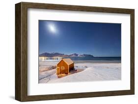 Moonlight on a Typical Fishermen Cabin Surrounded by Snow, Ramberg, Flakstad-Roberto Moiola-Framed Photographic Print