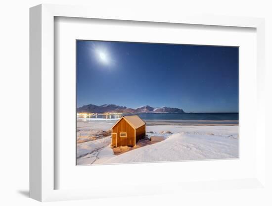 Moonlight on a Typical Fishermen Cabin Surrounded by Snow, Ramberg, Flakstad-Roberto Moiola-Framed Photographic Print