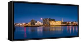 Moonlight over Reykjavik Harbor with Harpa and Hallgrimskirkja Church, Reykjavik, Iceland-null-Framed Stretched Canvas