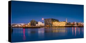 Moonlight over Reykjavik Harbor with Harpa and Hallgrimskirkja Church, Reykjavik, Iceland-null-Stretched Canvas