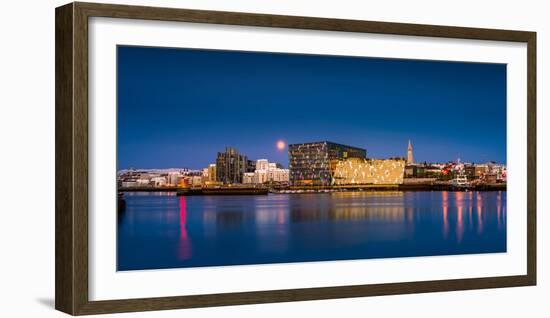 Moonlight over Reykjavik Harbor with Harpa and Hallgrimskirkja Church, Reykjavik, Iceland-null-Framed Photographic Print