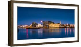 Moonlight over Reykjavik Harbor with Harpa and Hallgrimskirkja Church, Reykjavik, Iceland-null-Framed Photographic Print