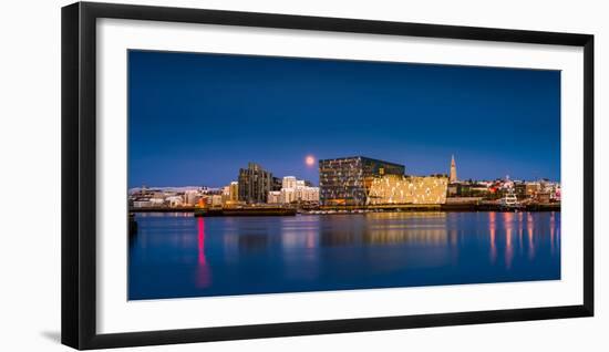 Moonlight over Reykjavik Harbor with Harpa and Hallgrimskirkja Church, Reykjavik, Iceland-null-Framed Photographic Print