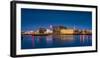 Moonlight over Reykjavik Harbor with Harpa and Hallgrimskirkja Church, Reykjavik, Iceland-null-Framed Photographic Print