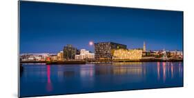 Moonlight over Reykjavik Harbor with Harpa and Hallgrimskirkja Church, Reykjavik, Iceland-null-Mounted Photographic Print