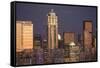 Moonrise behind the downtown Seattle skyline, Seattle, WA-Greg Probst-Framed Stretched Canvas