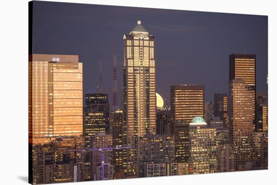 Moonrise behind the downtown Seattle skyline, Seattle, WA-Greg Probst-Stretched Canvas