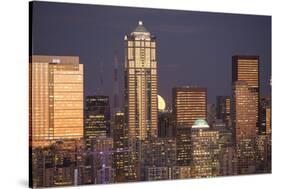 Moonrise behind the downtown Seattle skyline, Seattle, WA-Greg Probst-Stretched Canvas