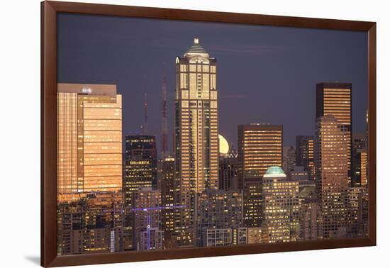 Moonrise behind the downtown Seattle skyline, Seattle, WA-Greg Probst-Framed Photographic Print