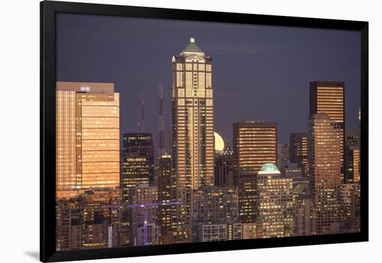 Moonrise behind the downtown Seattle skyline, Seattle, WA-Greg Probst-Framed Photographic Print