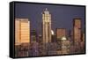 Moonrise behind the downtown Seattle skyline, Seattle, WA-Greg Probst-Framed Stretched Canvas