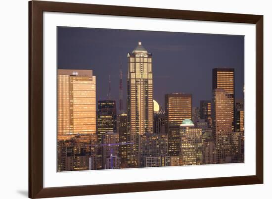 Moonrise behind the downtown Seattle skyline, Seattle, WA-Greg Probst-Framed Premium Photographic Print