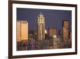 Moonrise behind the downtown Seattle skyline, Seattle, WA-Greg Probst-Framed Premium Photographic Print