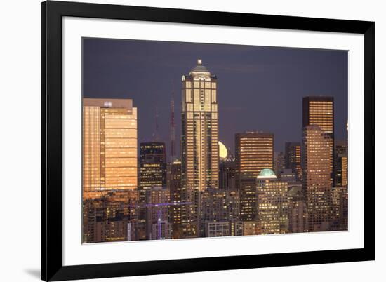 Moonrise behind the downtown Seattle skyline, Seattle, WA-Greg Probst-Framed Premium Photographic Print