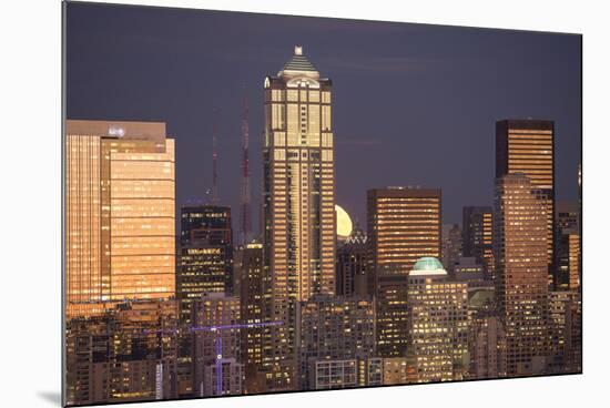 Moonrise behind the downtown Seattle skyline, Seattle, WA-Greg Probst-Mounted Photographic Print