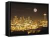 Moonrise over Nighttime Seattle, Washington, Usa-Janis Miglavs-Framed Stretched Canvas