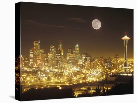 Moonrise over Nighttime Seattle, Washington, Usa-Janis Miglavs-Stretched Canvas
