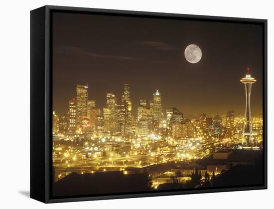 Moonrise over Nighttime Seattle, Washington, Usa-Janis Miglavs-Framed Stretched Canvas