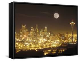 Moonrise over Nighttime Seattle, Washington, Usa-Janis Miglavs-Framed Stretched Canvas