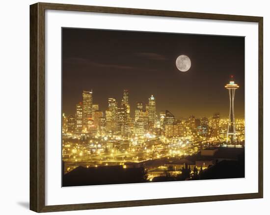 Moonrise over Nighttime Seattle, Washington, Usa-Janis Miglavs-Framed Photographic Print