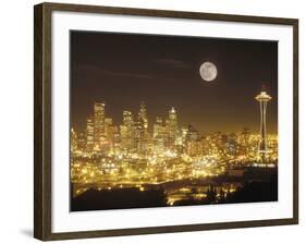 Moonrise over Nighttime Seattle, Washington, Usa-Janis Miglavs-Framed Photographic Print