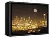 Moonrise over Nighttime Seattle, Washington, Usa-Janis Miglavs-Framed Stretched Canvas