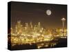 Moonrise over Nighttime Seattle, Washington, Usa-Janis Miglavs-Stretched Canvas