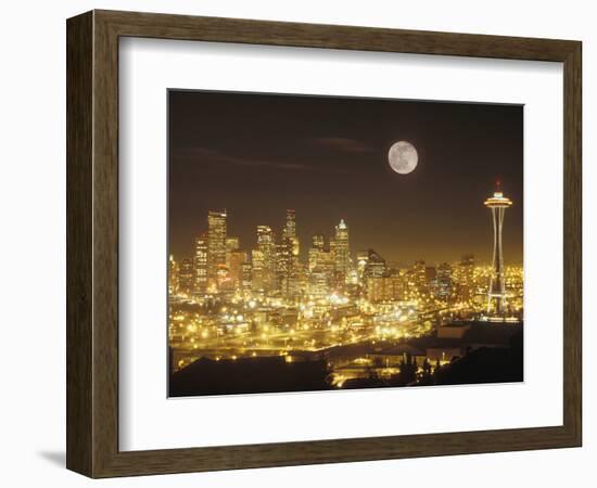 Moonrise over Nighttime Seattle, Washington, Usa-Janis Miglavs-Framed Photographic Print