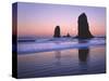 Moonset Between the Needles Rocks in Early Morning Light, Cannon Beach, Oregon, USA-Steve Terrill-Stretched Canvas