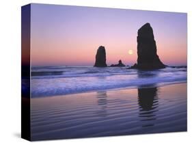 Moonset Between the Needles Rocks in Early Morning Light, Cannon Beach, Oregon, USA-Steve Terrill-Stretched Canvas