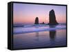 Moonset Between the Needles Rocks in Early Morning Light, Cannon Beach, Oregon, USA-Steve Terrill-Framed Stretched Canvas