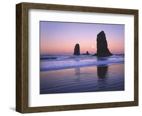 Moonset Between the Needles Rocks in Early Morning Light, Cannon Beach, Oregon, USA-Steve Terrill-Framed Photographic Print