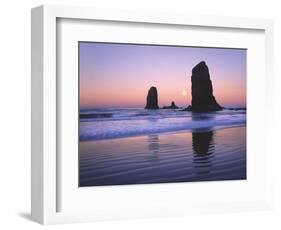 Moonset Between the Needles Rocks in Early Morning Light, Cannon Beach, Oregon, USA-Steve Terrill-Framed Photographic Print