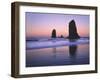 Moonset Between the Needles Rocks in Early Morning Light, Cannon Beach, Oregon, USA-Steve Terrill-Framed Photographic Print