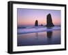 Moonset Between the Needles Rocks in Early Morning Light, Cannon Beach, Oregon, USA-Steve Terrill-Framed Photographic Print