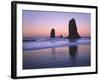 Moonset Between the Needles Rocks in Early Morning Light, Cannon Beach, Oregon, USA-Steve Terrill-Framed Photographic Print