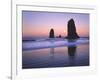 Moonset Between the Needles Rocks in Early Morning Light, Cannon Beach, Oregon, USA-Steve Terrill-Framed Photographic Print