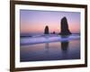 Moonset Between the Needles Rocks in Early Morning Light, Cannon Beach, Oregon, USA-Steve Terrill-Framed Photographic Print