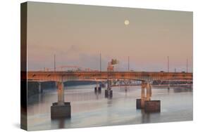 Moonset from the Arkansas River at Dawn, Little Rock, Arkansas, USA-Walter Bibikow-Stretched Canvas