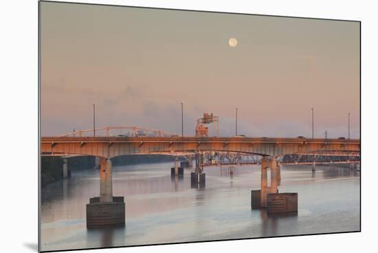 Moonset from the Arkansas River at Dawn, Little Rock, Arkansas, USA-Walter Bibikow-Mounted Photographic Print
