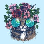 Maine Coon Cat Portrait with Floral Wreath and round Sunglasses. Hand Drawn Vector Illustration. Fa-moopsi-Art Print