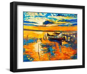 Moored Boat and Ocean Sunset-null-Framed Art Print